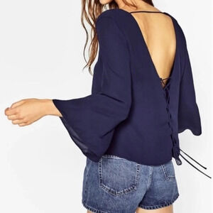 Zara • Lace Up Back Chiffon Kimono Sleeve Blouse
